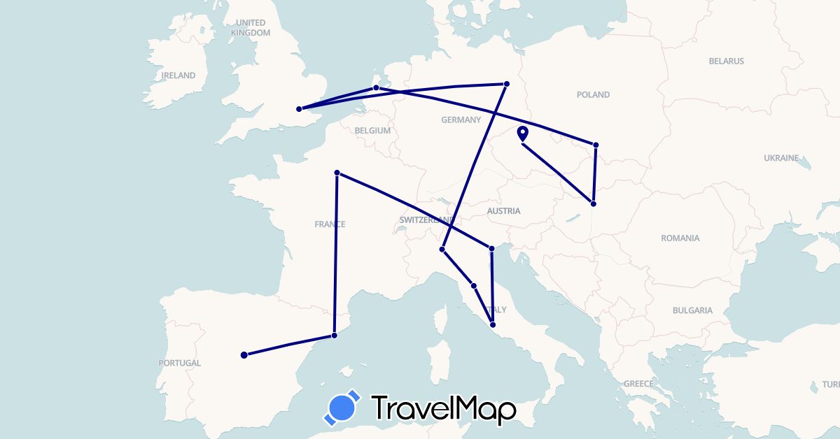 TravelMap itinerary: driving in Czech Republic, Germany, Spain, France, United Kingdom, Hungary, Italy, Netherlands, Poland (Europe)